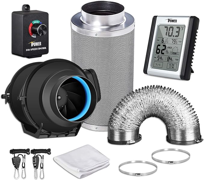 iPower GLFANXEXPSET4D25CHUMD 4 Inch 118 CFM Inline Filter 25 Feet Ducting with Fan Speed Controller and Temperature Humidity Monitor and Grow Tent Ventilation, Kits, Black