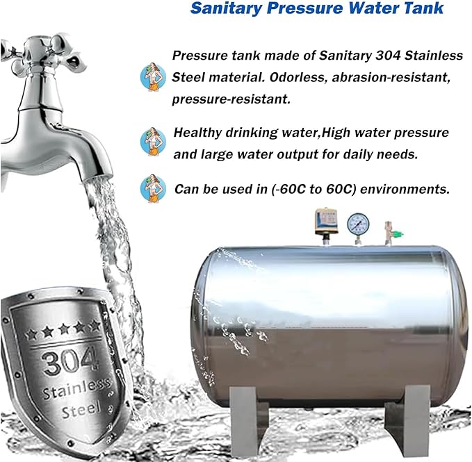 26 42 52 66 79 Gallon Stainless Steel Water Pressure Tank, Horizontal Pressure Tank with Mounting Kit, Household Fully Automatic Pressurized Water Tanks(52.8 Gallons/200 L)