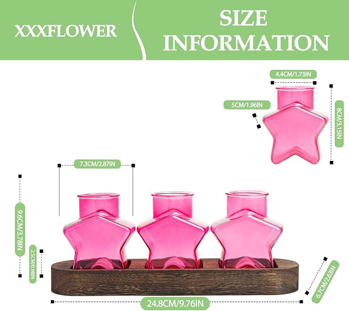 XXXFLOWER Plant Propagation Station with Wooden Stand，Air Plant Terrarium Starter Kits Star Vases for Flowers Plant Cutting Rooting Pots Indoor Hydroponic Glass Planter for Plant Lovers,3 Jars(Pink)