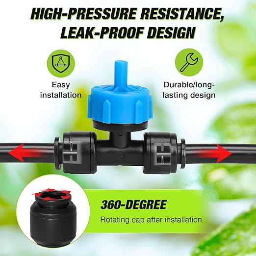 Bonviee 1/4 Inch Push-to-Connect Tee with Pressure-Compensating Drippers, 24 Pack – Even Watering for Slopes, Garden, Greenhouse