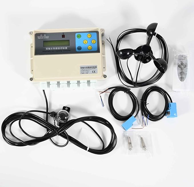 Dual Axis Solar Tracker Controller, Automatic Sun Tracking Controller, Solar Panel Solar Tracking System Control Kit with Sunlight Sensor, Wind Speed Sensor, 2 Limit Sensor, Remote Control