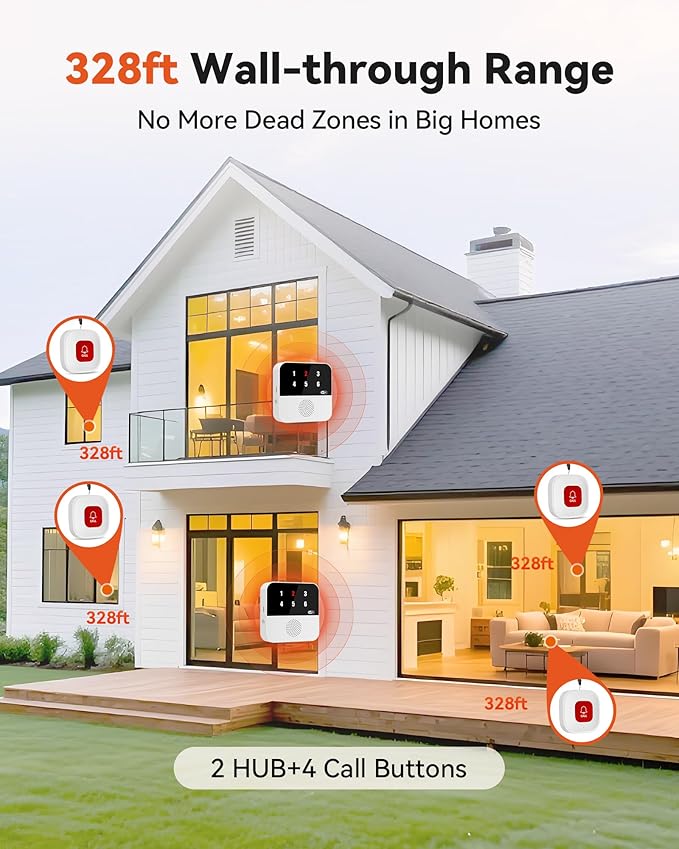 PILSAMAS Wireless Caregiver Call Button System - Dual Hub, Multi-Location Alarm, Dsiplay Caller ID & App Alert, No Monthly Fee, 4 IP65 Panic Buttons, Emergency Alert for Elderly at Home/Nursing Homes