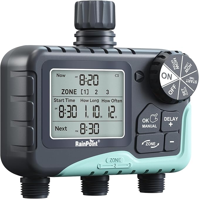 RAINPOINT Sprinkler Timer 3 Zone, Programmable Water Timer for Watering with Automatic/Manual/Rain Delay/Watering Mode, IP65 Waterproof, Large LCD