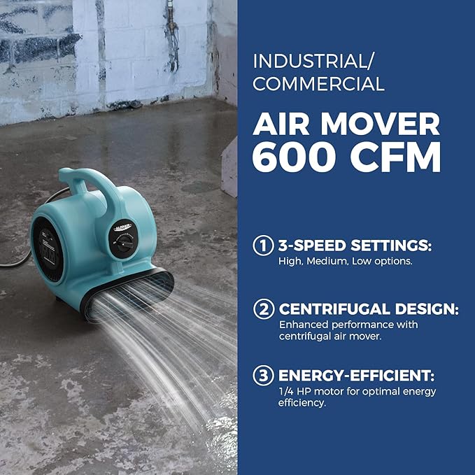 ALORAIR 600 CFM Air Mover Blower Fan for Industrial, Workshop, and Home Use - 3 Speeds, 5 Adjustable Angles and Daisy Chain - Ideal for Water Damage Restoration and Plumbing - GF600A Blue