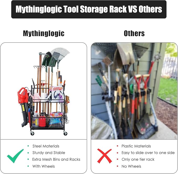 Mythinglogic Garden Tool Organizer for Garage, Yard Tool Rack with Wheels, Garage Organizers and Storage Holder for Yard Tools (Deluxe Tower)