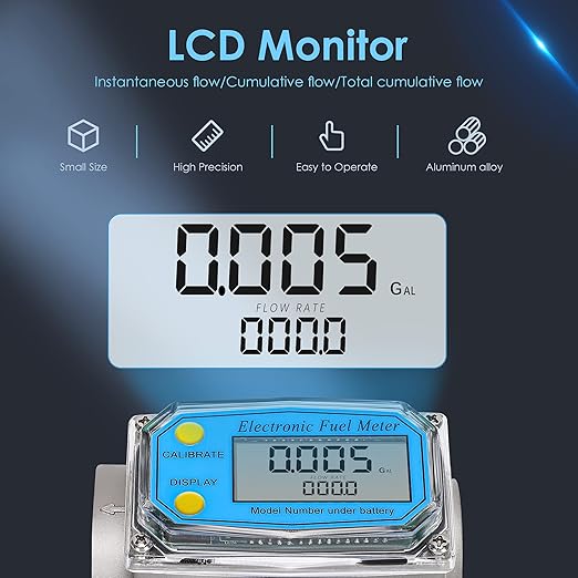 CGOLDENWALL 1 inch 3/4 inch Turbine Flow Meter 2.5~26GPM Fuel Meter Digital Liquid Flowmeter with with 2 NPT Adapters Flow Meter for Water, Diesel, Kerosene, Gasoline with Gallon Unit