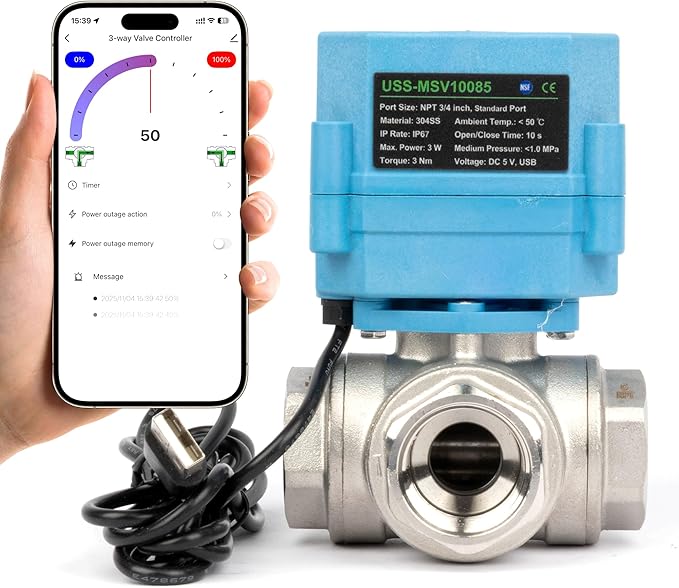 U.S. Solid WiFi Smart Motorized Ball Valve 3/4 inch NPT for Water Control & Irrigation, 3 Way 304SS Electric Valve, USB Plug, LED Indicator, Flow Direction Window, Remote On/Off Control, NSF Certified