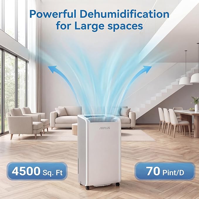 AIRPLUS 4,500 Sq.Ft 70 Pint Dehumidifier for Basements and Home-with Drain Hose,Efficient,Energy-with Dual Protection and 4 Smart Modes,24H Timer,Defrost,for Large room