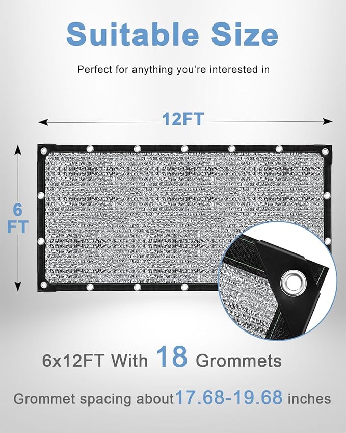 vensovo 85% Aluminum Shade Cloth - Reflective Aluminium Shade Netting Sun Shade Cover with Grommets for Cars, Dogs, Outdoor, RV, Patio (6x12FT)