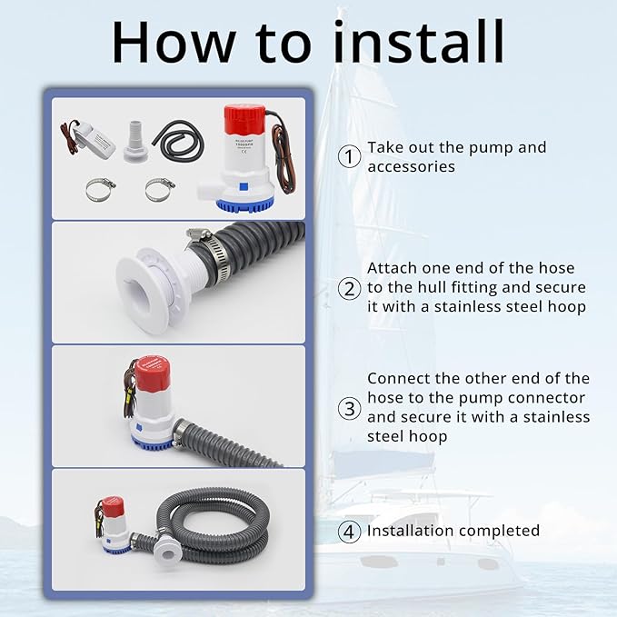 HXH 1500 GPH Boat Bilge Water Pump 12V, Bilge Pump Plumbing Kit, 1-1/8 Inch Hose with Automatic Float Switch, 2 Clamps, Thru-Hull Fitting, Ideal for Fishing Boats, Cruisers, Runabouts.