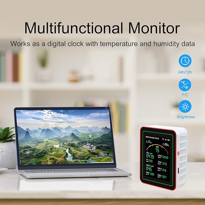 Air Quality Monitor,15-in-1 Smart Air Quality Tester with PM,CO2,CO,TVOC,HCHO,PM,AQI,Temperature & Humidity,Timer,Real Time Display,Battery Powered,for Home & Office