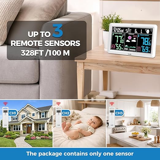 Weather Station with Atomic Clock Indoor Outdoor Thermometer Wireless, Humidity and Temperature Monitor Barometer Hygrometer with High Precision Sensor White