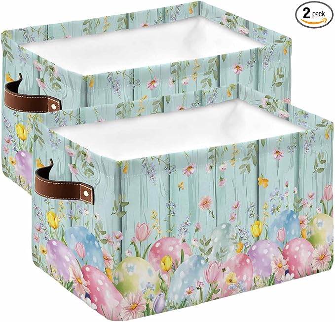 Easter Eggs Storage Bins Cubes Waterproof Cloth Storage Basket,Spring Daisy Eucalyptus Leaves Teal Wooden Foldable Storage Bags for Shelf Clothes Storages Organizers with Handles 15x11x9.5 in 2PCS