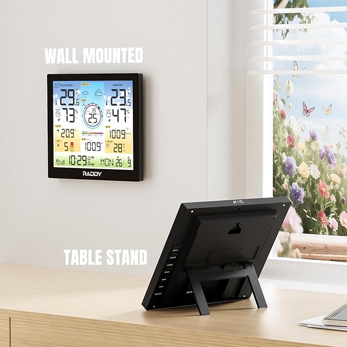 Raddy WF-120C Professional Wi-Fi Weather Station Wireless, Indoor Outdoor Temperature & Humidity Monitor with 10" Digital Color Display, Rain Gauge, Wind Speed, Weather Forecast, UV & Light Index