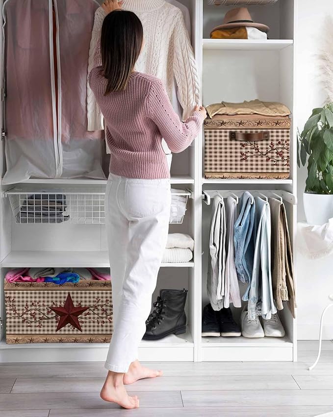 Texas Star Vintage Storage Bins Cubes Waterproof Cloth Storage Basket, Brown Checkered Berry Farmhouse Foldable Storage Bags for Shelf Closet Clothes Storages Organizers with Handles 15x11x9.5 in 2PCS
