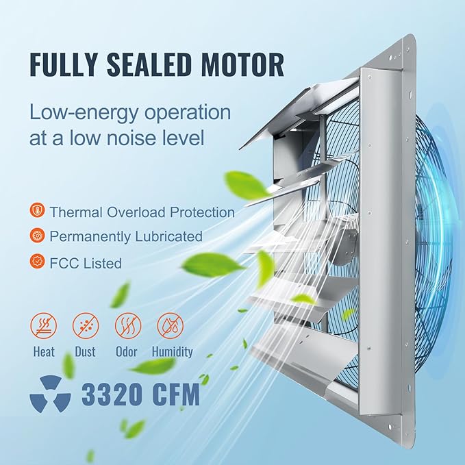 VEVOR 24'' Exhaust Fan, Wall Mounted Attic Fan with Variable Speed, 3320 CFM, Automatic Shutter, Ventilation and Cooling, Silver, Fan Only