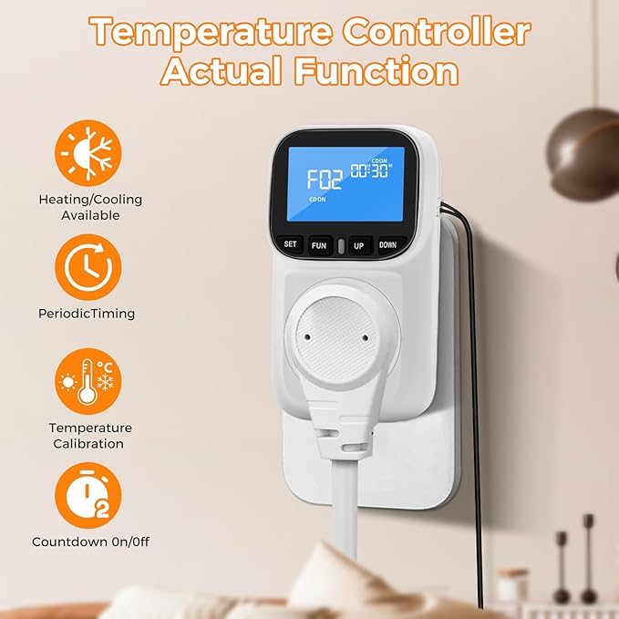 Diymore 1800W Plug in Digital Thermostat Temperature Controller Electric Thermostat Outlet Heating Cooling Control Mode Timer 120V 15A -104 ℉~210 ℉ Greenhouse with Thermostat Pool Thermometer