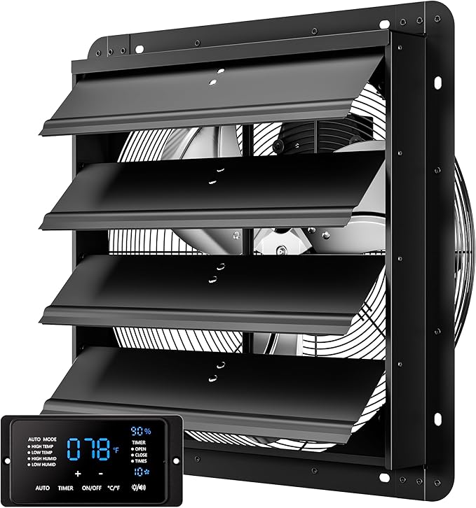 CAMMOO 18 Inch EC Motor Shutter Exhaust Fan, 6 Inch Large Touchscreen Controller for Temp Humidity and Speed Control, 10-Speed Wall Mount Fan for Attic, Greenhouse, Garage, Chicken Coop Ventilation