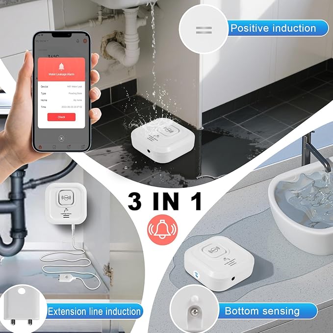 WiFi Water Leak Detectors 100dB Smart Water Sensor Alarm with 3.22 ft Sensor Cable Triple Detection Mode, with App Remote Monitor, Wireless Tank Level Monitor for Basement, Kitchen, Bathroom(1pack)