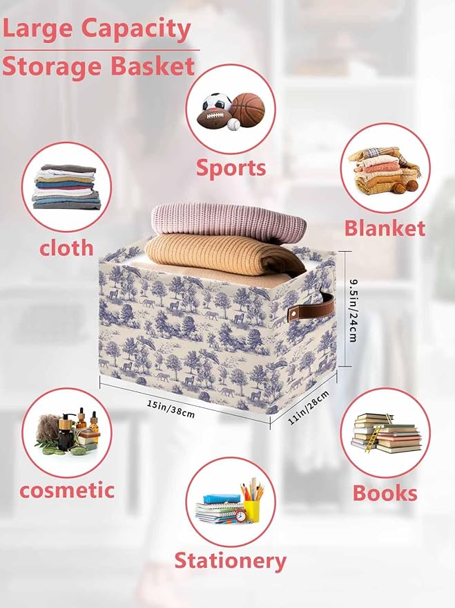Tiger Leopard Storage Bins Cubes Waterproof Cloth Storage Basket, Farmhouse Retro Nature Forest Trees Animals Foldable Storage Bags for Shelf Closet Clothes Organizers with Handles 15x11x9.5 in 2PCS