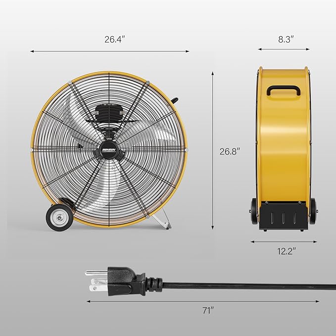 ROVSUN 24 Inch High Velocity Drum Fan, 9500CFM Industrial Metal Floor Fan with Handle, Heavy Duty, 3-Speed, Air Circulator for Shop, Garage, Gym, Barn, Commercial, UL Listed, Yellow