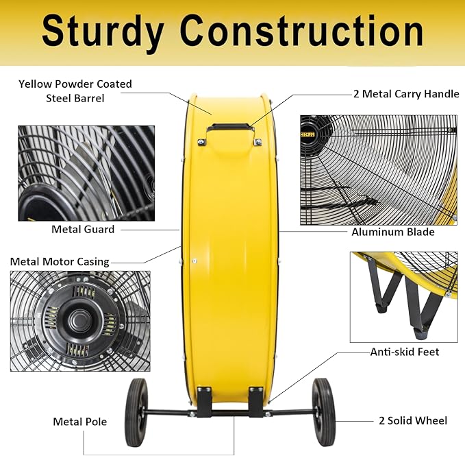 HiCFM 26800 CFM 42 inch Industrial Drum Fan, 4/5HP Powerful Motor, Heavy Duty Barrel Structure, 8 inch Wheels, Move Much Air for Warehouse, Garage or Industrial Commercial Use - CUL Listed