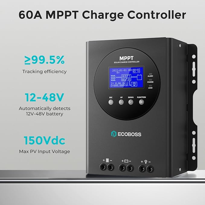 60A MPPT Solar Charge Controller 12V/24V/36V/48V Auto, Max 150V PV Input, LCD Display, Adjustable Parameter Solar Panel Regulator for Lithium, Gel, Flooded Battery