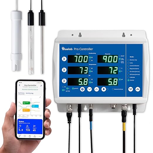Bluelab Pro Controller Wi-Fi Fully Automated 24/7 Digital Monitor for Hydroponics Multi-Nutrient & pH Dosing with EC Temperature Probe and Edenic Remote Monitoring Essential for Agriculture