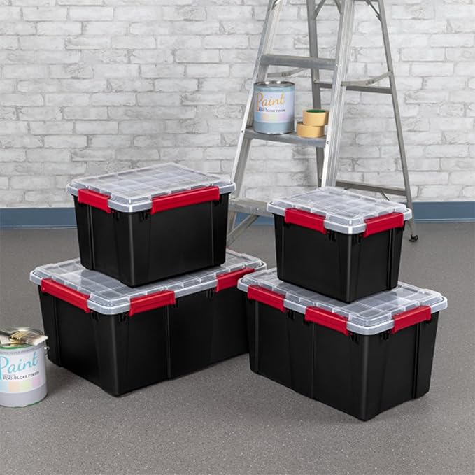 Sterilite 16 Pack Gasket Box, Stackable Plastic 20 Gallon Storage Container with Lids, Black - Waterproof and Dustproof Tote for Home Organization