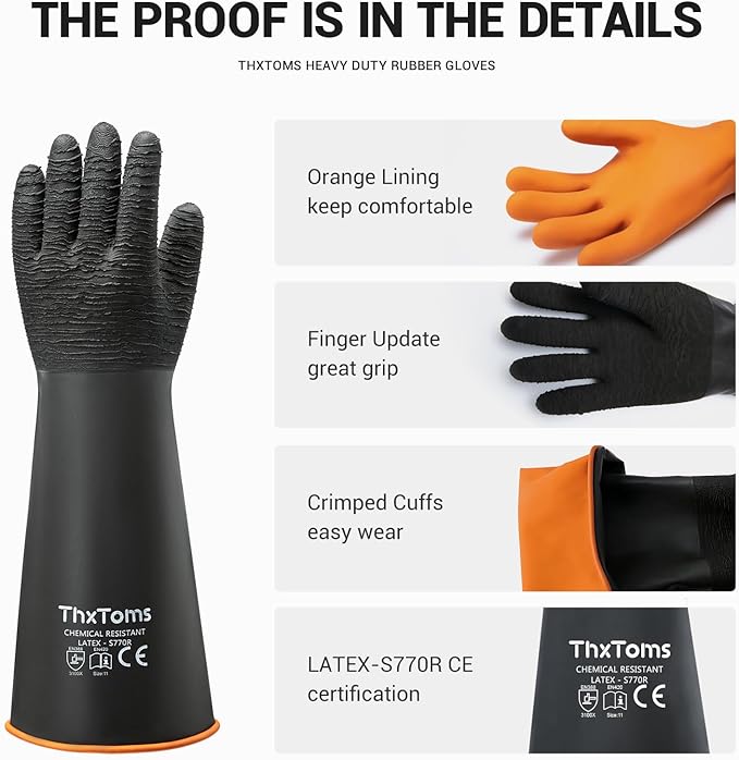 ThxToms Heavy Duty Rubber Gloves, Industrial Chemical Resistant Gloves Waterproof Reusable Protective Work Gloves for Cleaning, Dishwashing,Upgraded with Non-Slip Design, Black, 22" 1 Pair