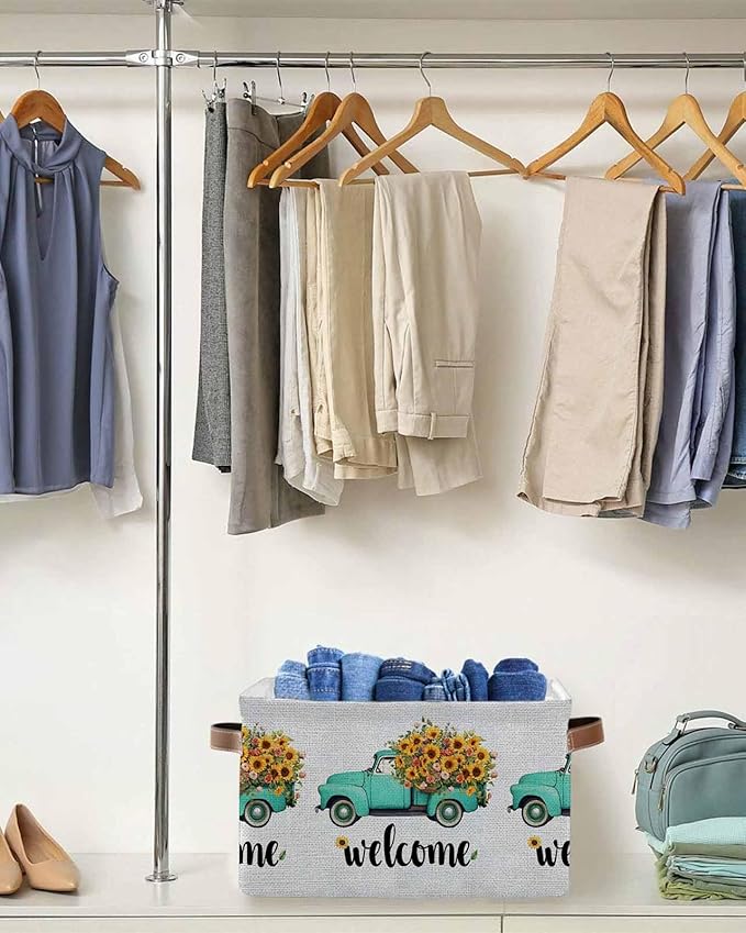 Country Sunflowers Storage Bins Cubes Waterproof Cloth Storage Basket, Welcome Rustic Truck Floral Farmhouse Foldable Storage Bags for Shelf Closet Clothes Organizers with Handles 15x11x9.5 in 1PCS