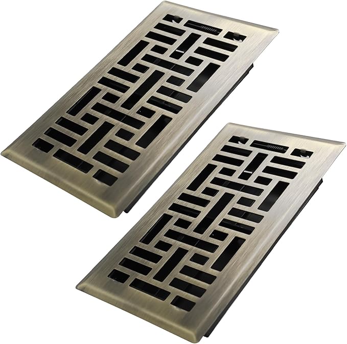 Howeall 4x8 Inches 2 Pack Heavy Duty Walkable Floor Register Easy Adjust Air Supply Lever Floor Vents - Seattle Design - Vent Cover for Home Floor - Antique Brass