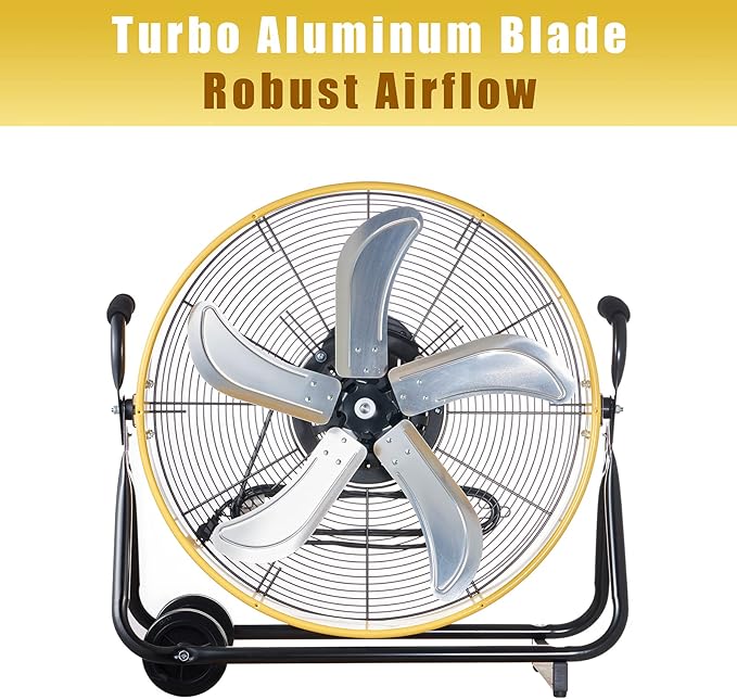 HiCFM 7800 CFM 24 inch High Velocity Internal Oscillating Barrel Floor Fan with Powerful 1/4 Motor, 9ft Power Cord for Workshop, Garage, Commercial or Industrial rooms - UL Safety Listed