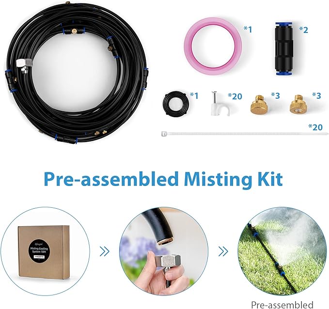 lifeegrn Misters for Outside Patio, Outdoor Misting System for Patio, 60 FT Misting Line+15 Mist Nozzles+3/4" Brass Adapter, Outdoor Mister System for Patio Garden Trampoline Greenhouse