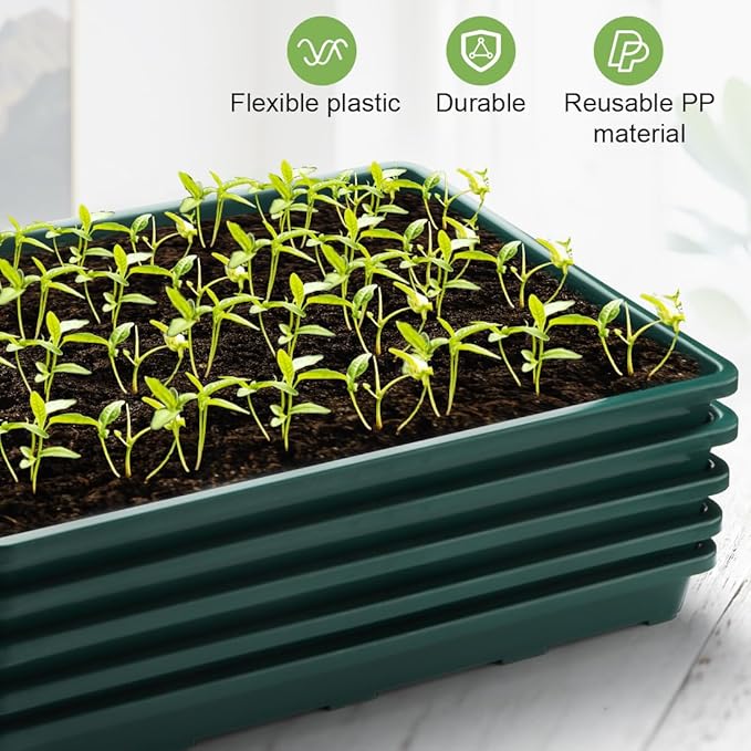 RooTrimmer 5 Pack Seed Starter Trays (17"x11"x2"), Plastic Flat Nursery Pots Trays, Durable Carrying Seedling Starter Tray, Reusable Tray for Planting and Collecting Drainage Water (Green)