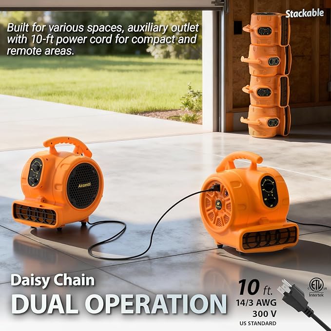 1/4 HP 1100 CFM Air Mover Blower Fan, Carpet Drying Fan, 3-Speed Stackable Utility Blower Heavy Duty High Velocity Industrial Fan with Timer for Water Damage Restoration, ETL Listed, Orange