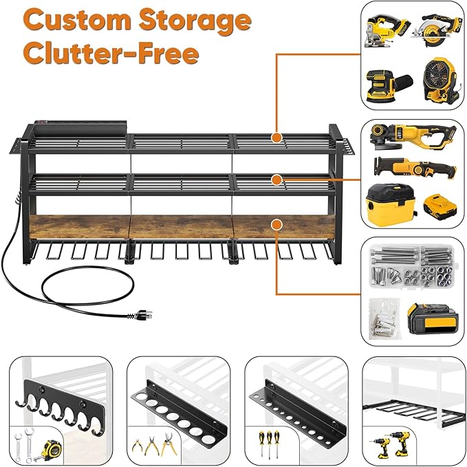 POKIPO 49.5" W Large Power Tool Organizer with Charging Station, 4 Layer Heavy Duty Utility Rack Loads 800lbs, Holds 12 Cordless Drills, Wall Mount Tool Shelf with 8-Outlet Power Strip, Gift for Men