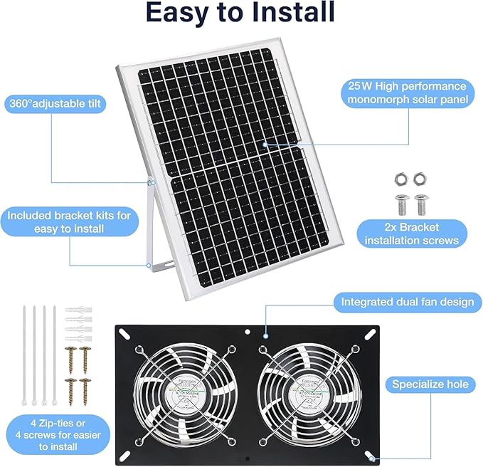 Fanspex Solar 2 Fan Kit, Waterproofed Solar Powered Fans for Outdoor Chicken Coop, Greenhouse & Shed Intake or Exhaust Air