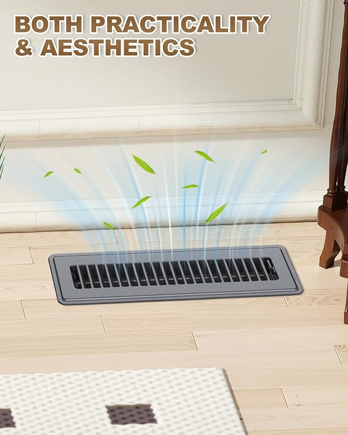 2 x 12 Floor Register, 4 Pack – Gray Vent Covers for Home Floor, Anti-Rust Coated Metal Surfaces with Adjustable Airflow Control Lever, Ideal for HVAC Systems, Living Room & Bedroom Floor Vents