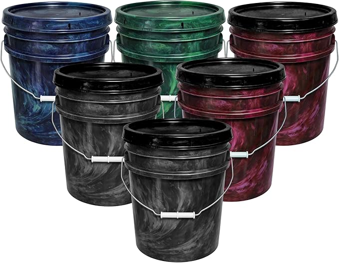 MKS Plastics 5-Gallon Bucket with Airtight Lid – Made in USA, Food Grade BPA Free Plastic, Heavy Duty Multi-Use, Metal Handle with Grip, Stackable Storage – Mystery Swirl, 6 Pack
