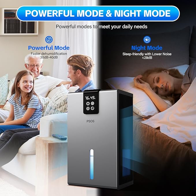 PSOS Dehumidifier, Dehumidifiers for Home, 98 OZ Water Tank, (1000 sq.ft) Quiet Dehumidifier for Basement Bathroom Bedroom with Humidity Display, Auto Shut Off, Relaxing 7 Color Ambient Light(Gray)