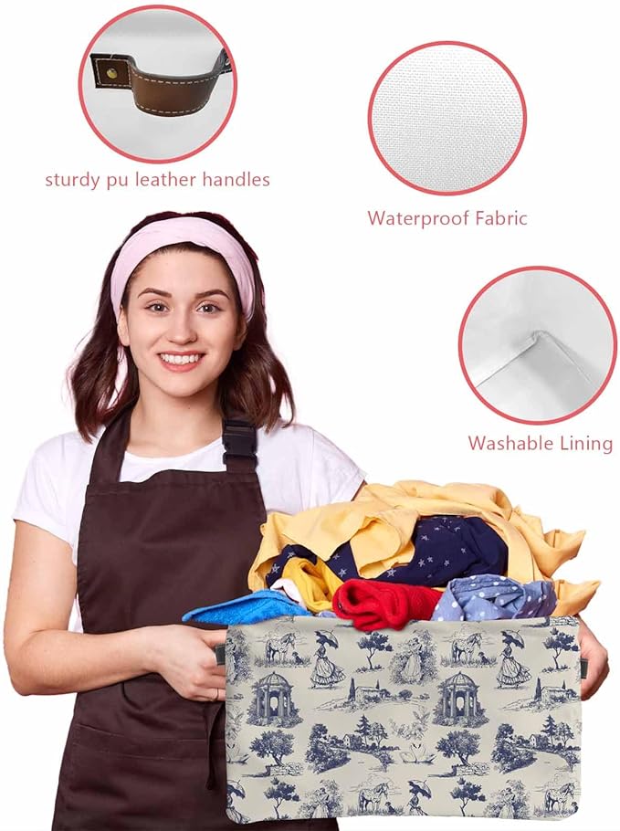 Farmhouse Country Storage Bins Cubes Waterproof Cloth Storage Basket, Vintage Blue French Garden Horse Swan Foldable Storage Bags for Shelf Closet Clothes Organizers with Handles 15x11x9.5 in 1PCS