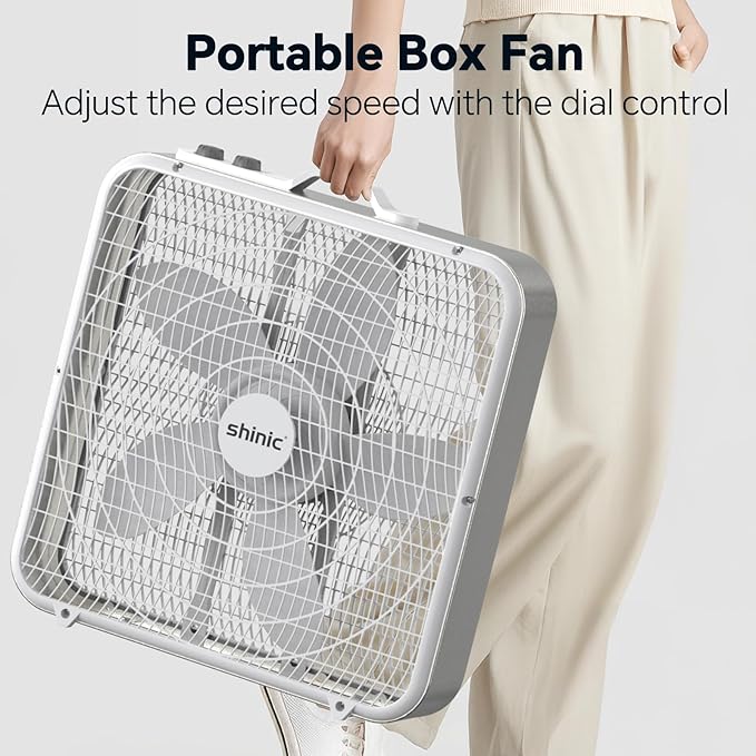 shinic 20” Box Fan with Thermostat for Bedroom, 3-Speed Portable Floor Fan with Carry Handle, Powerful Airflow, 5 Blades, Window Fan and Cooling Fan for Home, Office, Garage, Basement, White
