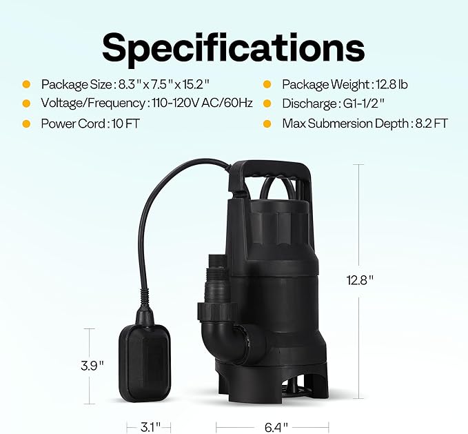 VIVOHOME 3/4 HP 2820 GPH Submersible Sump Pump with Float Switch, Utility Pump for Basement Garden Pond Pool Tub