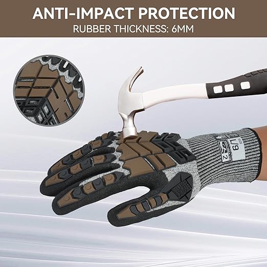 Safety Work Gloves, Impact Gloves for Men Women, Cut Resistant Non-Slip Heavy Duty Gloves with Nitrile Grip, Touch Screen Glove with Impact Protection for Mechanic Construction, Large, Brown