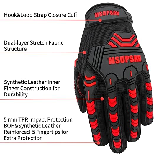 Work Gloves with Secure Fit,Working Glove with Impact Protection and Vibration Absorption,Safety for Men,Extra Large,Red+Black
