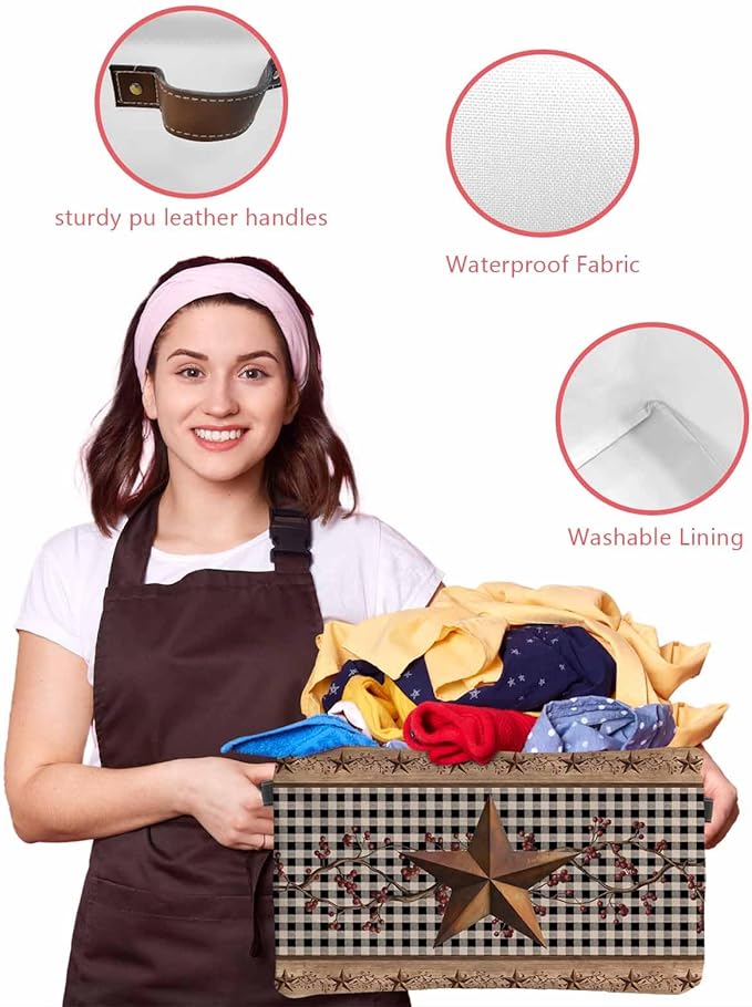 Vintage Texas Star Brown Storage Bins Cubes Waterproof Cloth Storage Basket,Black Plaid Berry Farmhouse Foldable Storage Bags for Shelf Clothes Storages Organizers with Handles 15x11x9.5 in 2PCS