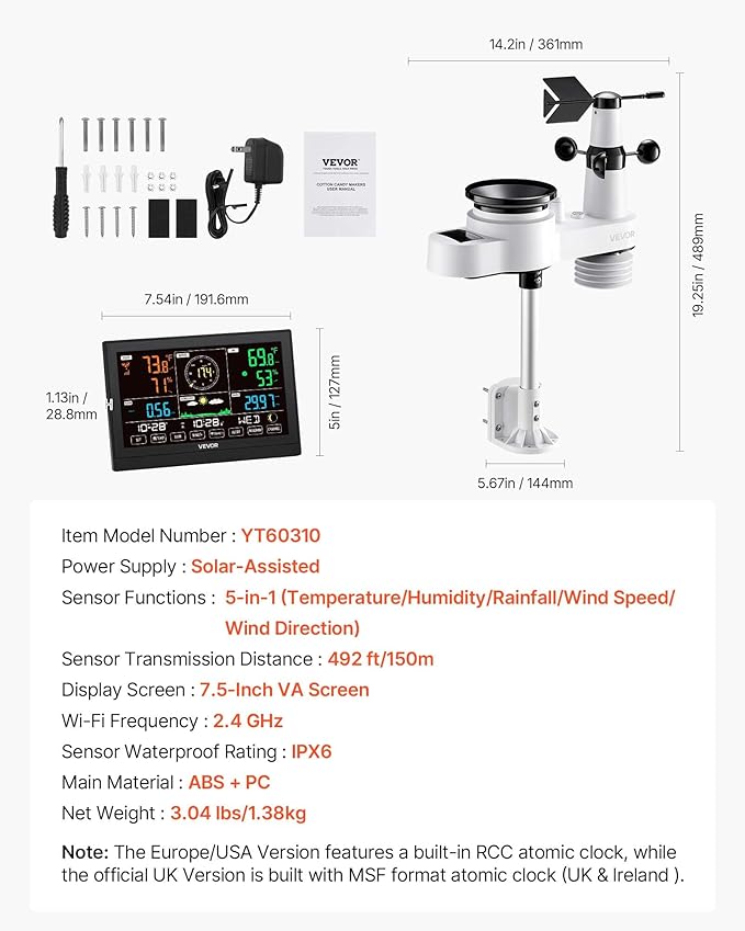 VEVOR 5-in-1 Wireless Weather Station, 7.5-Inch VA Display, Solar Powered Outdoor Sensor, Rain Gauge, Indoor Outdoor for Weather Forecast, Temperature, Humidity, Wind Speed and Direction (No WiFi)