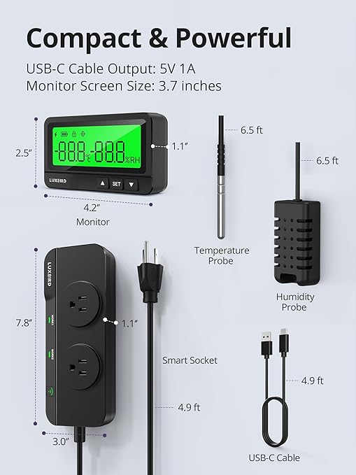 LUXBIRD WiFi Temperature and Humidity Controller LTC-318-W, Smart Thermostat Humidistat Outlet with Monitor, App Control for Reptile Terrarium Greenhouse Grow Tent
