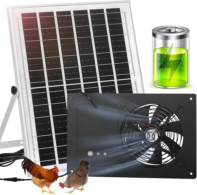 Solar Exhaust Fan with Battery and 3H/6H Timer, High Speed IP65 Waterproof Solar Powered Ventilation Fan for Chicken Coop, Greenhouse, Dog House and Shed, Low Noise (16.4FT Cord, 1 Pack)
